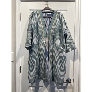 Gold Silk Ikat Duster Cardigan Teal White Kimono Jacket Gold Trim Open Front